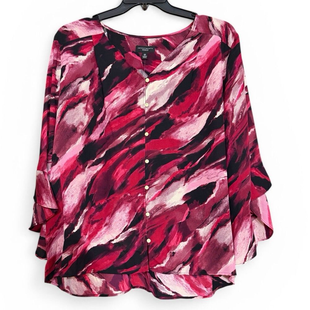 Investments Womens 2X Blouse Top Red Black Marbled V Neck Button Bell Sleeve
